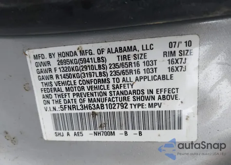 2010 Honda Odyssey Ex-L из США, поврежденный, VIN 5FNRL3H63AB102792